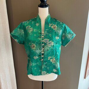 Vintage Y2K Silky Japanese inspired Kimono, Green & Gold, Size XXXL, US Medium